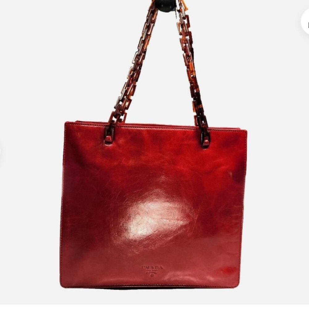 Vintage Prada Mini Tote Bag Shiny Deep Red Leather with Brown Lucite Handles